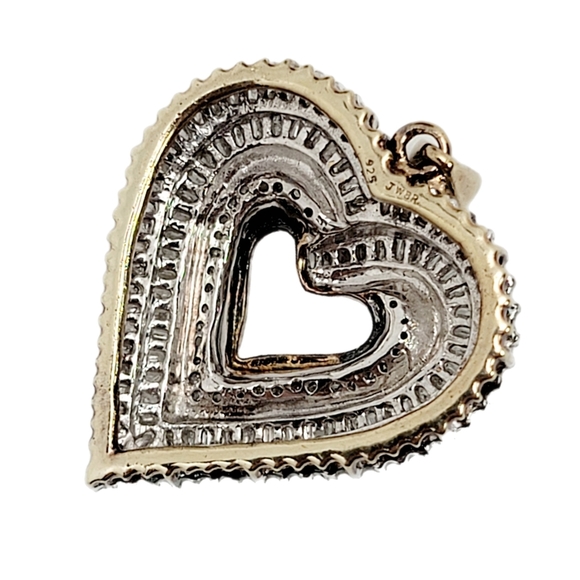 Vintage 1ct Diamond Heart Cluster Pendant Sterling Silver 925 Gold Inlay - Picture 6 of 8